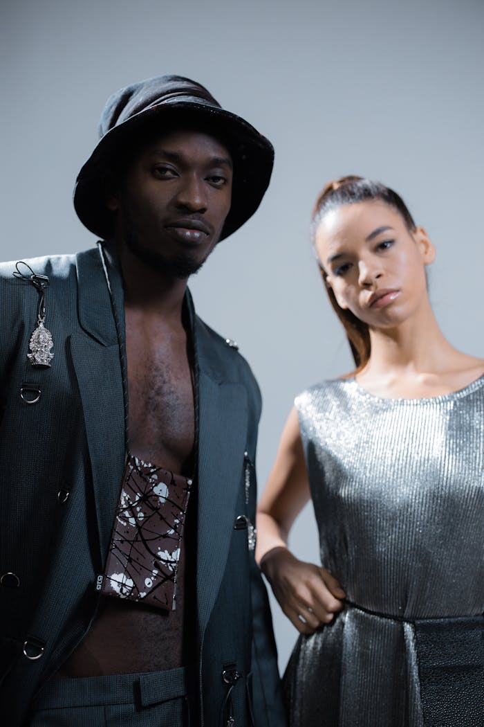 Portrait of a diverse couple in modern fashion with cool tones.